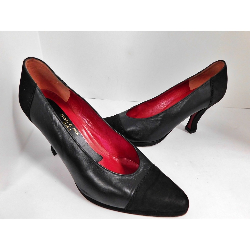 Vintage CHARLES JOURDAN Made in France Black Leather Suede Toe Cap Pumps 8M